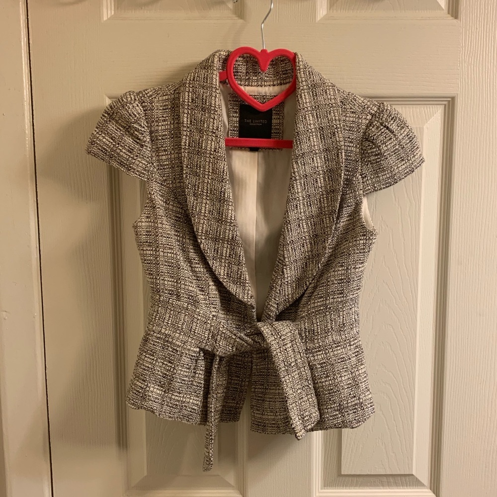 Brown & cream crosshatch fitted tie waist blazer